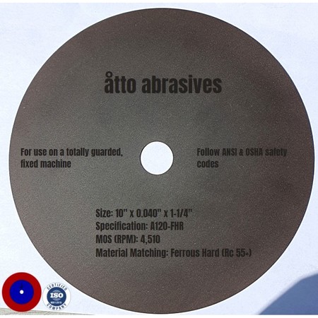 ATTO ABRASIVES Ultra-Thin Sectioning Wheels 10"x0.040"x1-1/4" Ferrous Hard Rc 55+ 3W250-100-SH